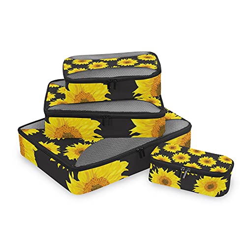 Yellow Sunflowers On Black 4 Set Packing Cubes, Travel Packing Organizers, 600D Oxford Cloth Toiletry Storage Bag XS/S/M/L2