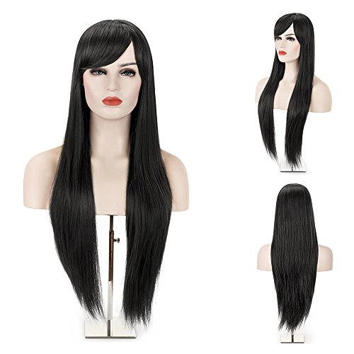 MelodySusie Black Long Straight Wig for Women, 31 inches Silky Long Straight Black Wig with Bangs Heat Resistant Synthetic Halloween Wig Hair Wig for Women with Free Wig Cap, Black