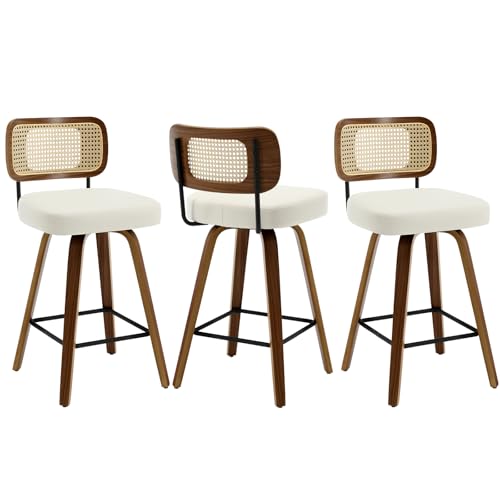 Bekrvio Swivel Counter Height Bar Stools Set of 3, Upholstered Faux Leather Barstools with Rattan Back, 26