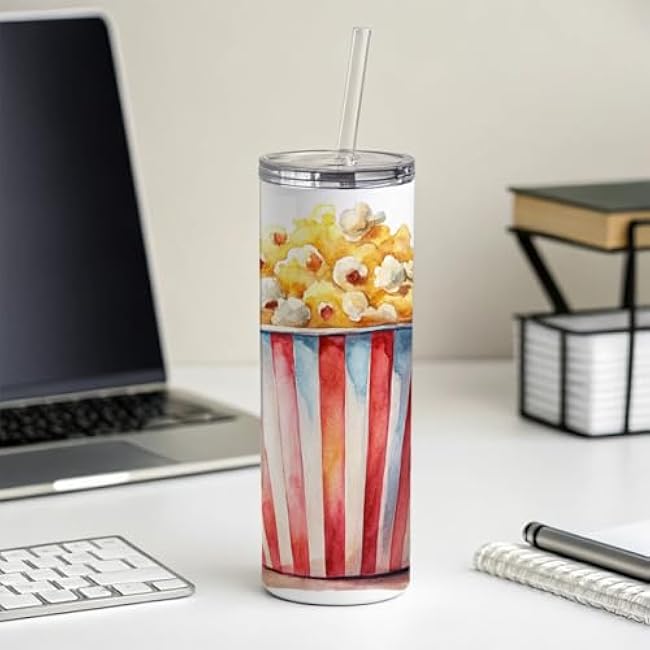 Movie Theater Popcorn Bucket Watercolor Skinny Tumbler 20oz with Straw Insulated Water Bottle Gift