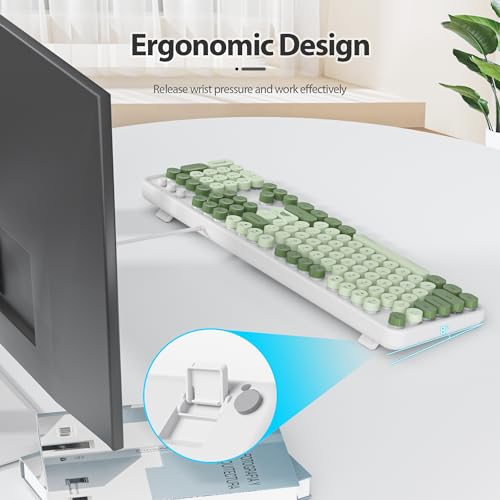 Image of Owpkeenthy Typewriter Green Matcha Cute Keyboard with Floating Round Keys, Full Size Wired Retro Keyboard Click Feeling with Foldable Stands for Laptop Office PC Desktop Windows (Matcha)