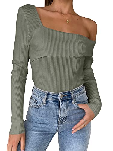 Anrabess Women's Long Sleeve Off Shoulder Square Neck Ribbed Knit Slim Fit Wrap Pullover Sweate 646Nenlvse-L Light Green #TOP30