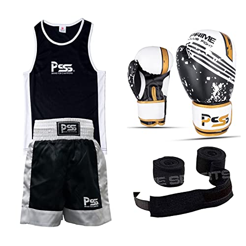 Uniforme de boxe enfants 3 pièces avec gants 4oz et bandes blanc et jaune de 3 à 14 ans