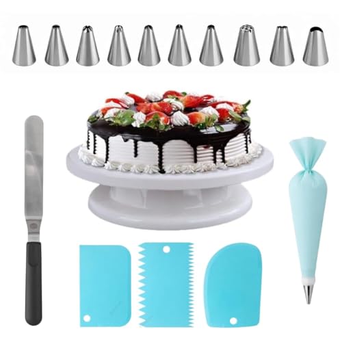 Image of Cake Decoration Kit with- 360-Degree Rotating Turntable Table, 12 Piece Cake Decorating Nozzle, 1 Pcs Big Multi-Function Stainless Steel Cake Icing Spatula Set (Combo 7)