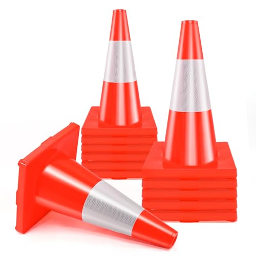 Reliancer 12PCS 18" Traffic Cones – PVC Safety Road Cones with Reflective Strips