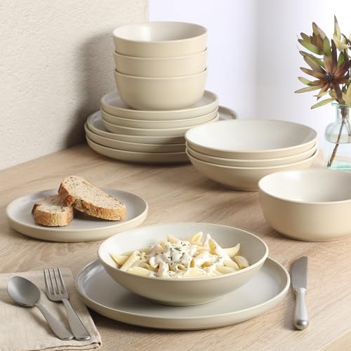 Image of Gibson Elite Tribeca Loft 16-Piece Dinnerware Set - Matte Cream and White Reactive Glaze Stoneware, Double Bowl Round Plates and Bowls - Modern Neutral Tableware for 4, Dishwasher & Microwave Safe