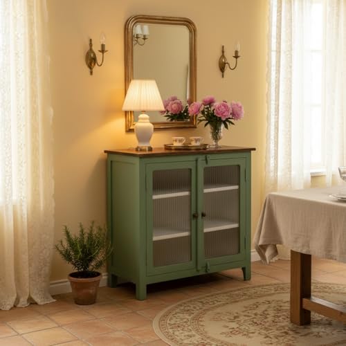 Image of APRODZ 2 Door Cabinet with Wicker Front 2 Shelves | Mango Wood Storage Organizer | Rustic Durable Stylish Wooden Furniture | Compact Design Home Decor (Premium Olive Green & Off White)