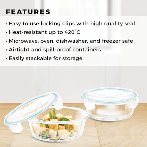 Image of SIGNORA WARE Lock N Store Round Glass Container Set| Microwave Safe| Easy Locking Clips| Airtight & Leakproof| Ideal for Office, Travelling & Outdoors (620ml + 400ml| Set of 2| Clear)