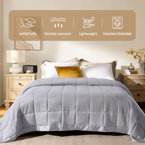 downluxe Queen Size Blanket with Satin Trim, Lightweight Down Alternative Blankets Queen Size for All Season, Machine Washable (Silver, 90x90 Inch) - Thumbnail 2
