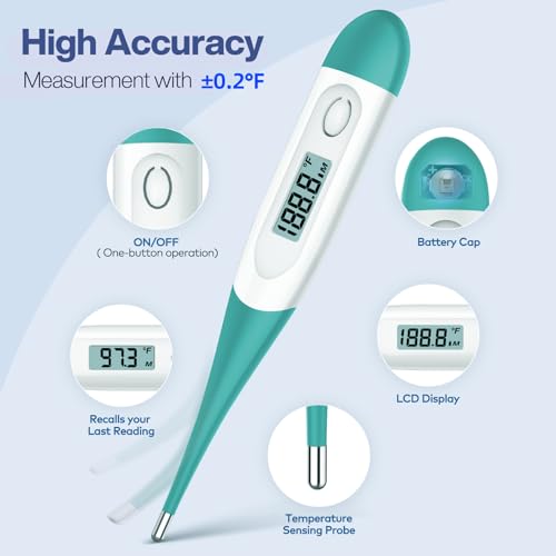 Image of Boncare Digital Thermometer for Adults, Kids & Babies, Clear Blue | Accurate & Safe Oral and Rectal Thermometer with 10-Second Reading and Fever Alarm