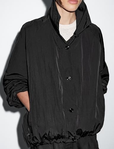 Womens Bomber Jackets Oversized Button High Neck Puff Coats Elastic Balloon Hem Fall Tops4