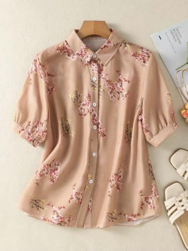 Image of Gufrina Womens Casual Button Down Shirt with Abstract Floral Print in Blush Pink Color, Long Sleeves and Relaxed Fit Design