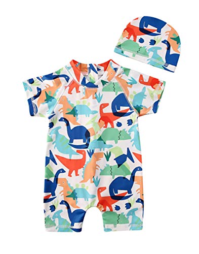 Toddler Boy Girl Dinosaur Print Short Sleeve One Piece Rash Guard Swimsuit Zipper Sunsuit with Hat (Dinosaur, 1-2 Years)