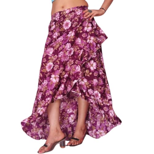 Image of JYESHTA Floral Print American Crepe Wrap Skirt with Ruffle Hem, Elastic Waistband (M, Flower Pink)