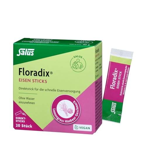 Floradix Eisen Sticks - Eisenpower* to go - gegen Müdigkeit & Erschöpfung* - mit Eisen B-Vitaminen Vitamin C & Folsäure - 1x 20 Satchets (43 g) - Lemongrass-Himbeer Geschmack vegan