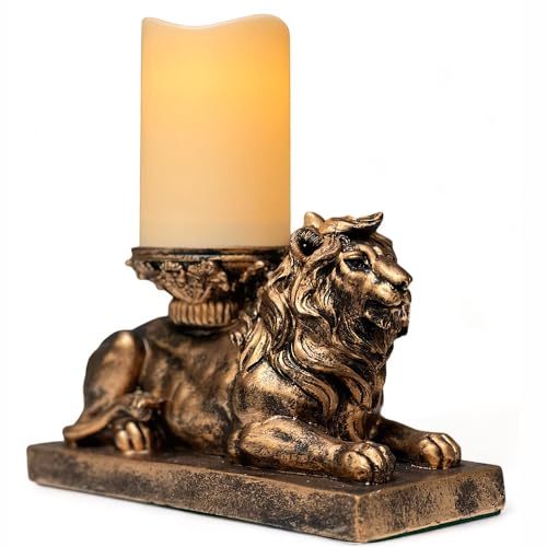 The Nifty Nook | Lion Figurine Candle Holder | Antique Gold Finish | Flameless LED Pillar Candle with Timer | Rustic Home Décor Accent | Shelf, Mantel & Table Centerpiece Gift