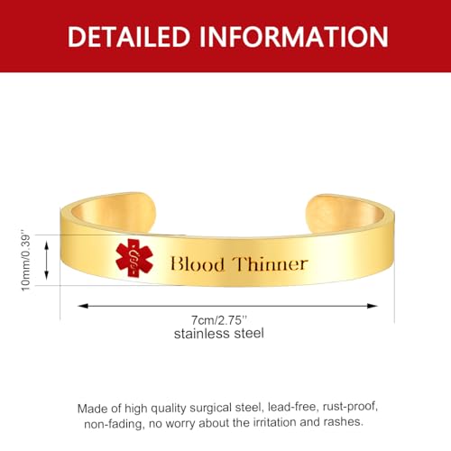 Image of Uloveido Custom Engraving Medical Alert Bracelets for Women, Stainless Steel Open Cuff Bangle Medical Bracelet Personalized Medical ID Bracelet