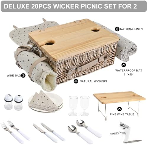 Multifunctional Wicker Picnic Basket Set for 2 with Blanket and Picnic Table, Insulated Picnic Set with Full Tablewares for Camping Outdoor Couples,Cherry