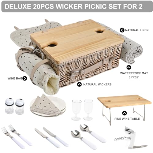 Image of Multifunctional Wicker Picnic Basket Set for 2 with Blanket and Picnic Table, Insulated Picnic Set with Full Tablewares for Camping Outdoor Couples,Cherry