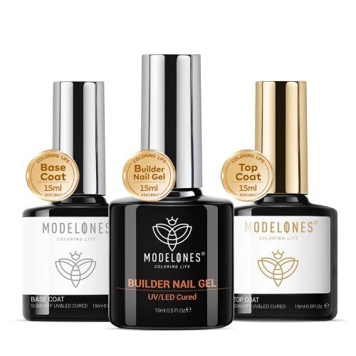 modelones Builder Gel 7 en 1 et Top Coat Semi Permanent et Base Coat Set, 3Pcs Gel Construction Ongle Uv, Lampe Uv Ongles Gel Gummy Base, Colle Faux Ongles,Extension Builder Gel Manicure Kit 15 ML