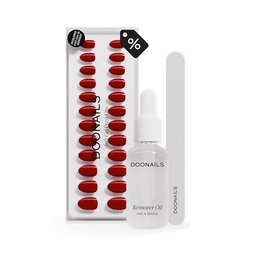 Doonails - Press Ons Starter Set 7-Minuten Maniküre inkl. Rote abgerundete Press Ons Feile & Entferner-Öl - Wiederverwendbar schonend & perfekt für gepflegte Nägel zuhause