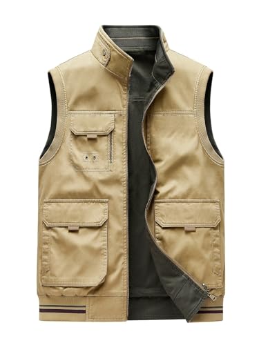 Bychen Men's 100% Cotton Washed Reversible Vest 9 Concealed Pockets Travel Casual Gilet Safari Outwear (US, Alpha, X-Large, Regular, Regular, KHAKI/olive)