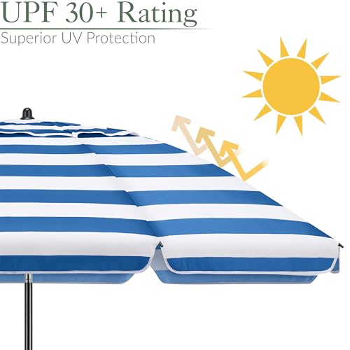 CHRISTOW Beach Umbrella Portable Tilting Parasol Sun Shade with UV Protection and Bag 2m (Blue and White Striped)