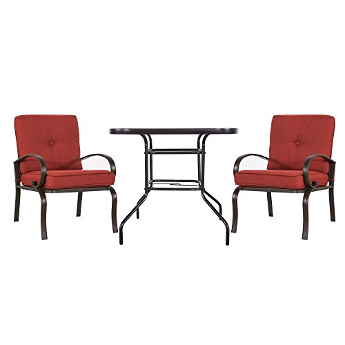 Finefind Patio Bistro Set 3 Piece Chair Set with 32" Tempered Glass Top Dining Table Outdoor Bistro Patio Furniture Bistro Set Wrought Iron Frame Thick Cushion Garden Yard Balcony (Brick Red)