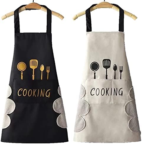OBEKANN 2 Pack Kitchen Apron with Pocket for Women Men Chef,Unisex Chef Apron Waterproof,Hand-wiping,Bib Aprons for Cooking Painting Housework Gift for Housewarming Holidays,Black&Off-White