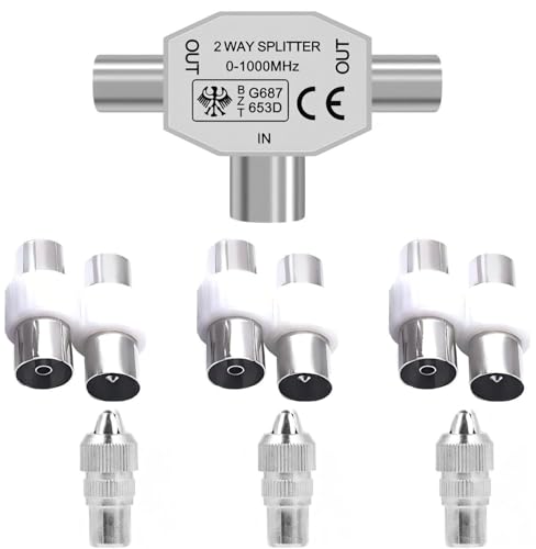 Vayfoni TV Aerial Splitter – 2-Way Coaxial Splitter (1 Female to 2 Male) with 7 TV Aerial Connector Adapters – Compatible with Cable TV & Antenna – Shielded Metal Housing & Signal Booster