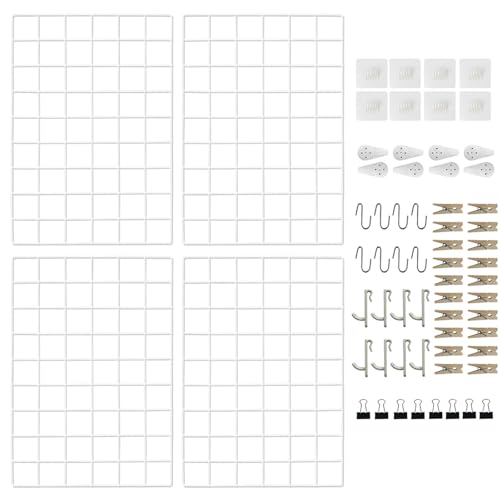 CIKLCIX Grille Murale Métal Blanc Lot de 4 44x30 cm, Panneau Grillage Photo, Organisateur Mural en Fil Métallique, Tableau Mémo, Décoration Chambre Bureau Cuisine...