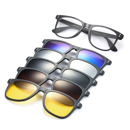 Jim Halo Magnetic 5Pcs Polarized Clip on Sunglasses for Men & Women Square Eyeglasses Fit Over Night Driving 2282A