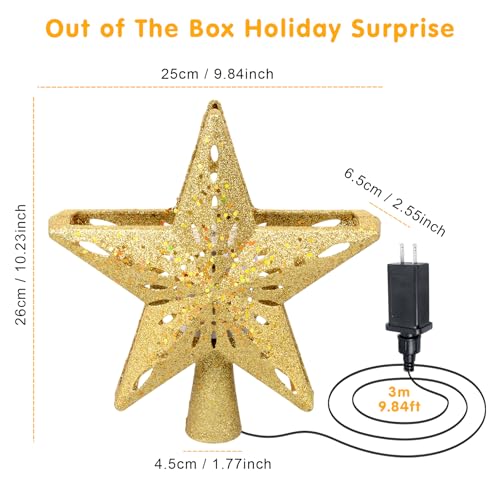 Qoosea Christmas Tree Topper - Winter Glittering Rotating Golden Star with 6 LED Patterns 3D Glitter Light, Xmas Ornament Treetop for Party Holiday Wedding Home Christmas Tree Decorations (Golden) by Qoosea - Image 2