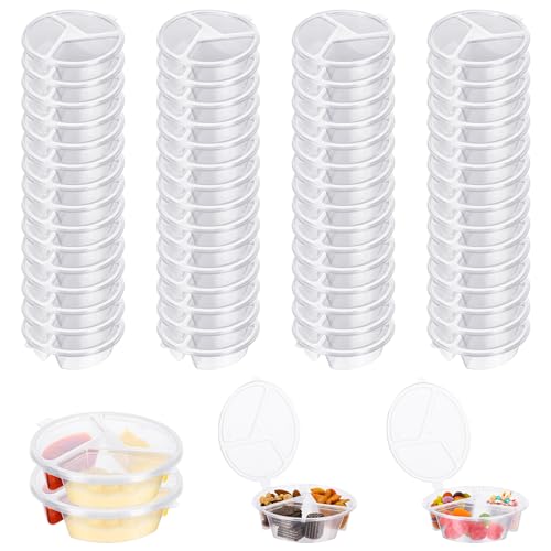 BIEOFFEI 60 PCS Disposable 3 Compartment Snack Containers with Lids, Plastic Snack Pack Containers, Grab and Go Snack Containers for Salsa (3Compartment,Clear,60Packs)