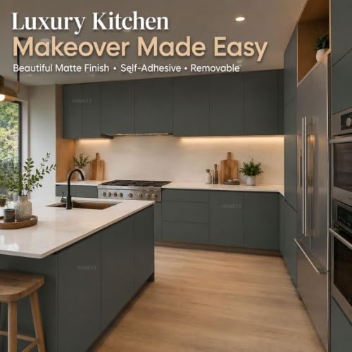 Image of HOME13 Olive Green Wallpaper Matte Green Peel and Stick Wallpaper Self Adhesive Decorative Vinyl Sticker for Shelf Liner Kitchen Cabinet Table Door Waterproof Removable(20x80 Inch)