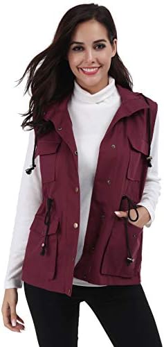 FISOUL Womens Lightweight Sleeveless Military Hooded Anorak Drawstring Jacket Vest with Fur Lining