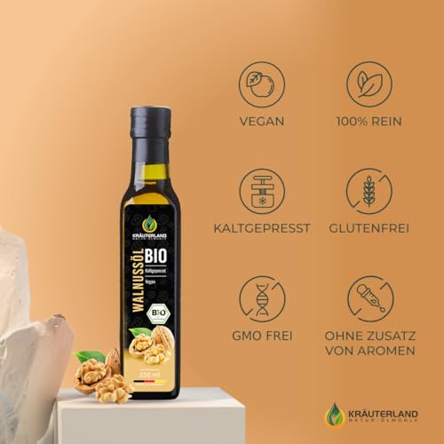 Kräuterland Bio Walnussöl 2X250ml (500ml), Bio Walnusskern, kaltgepresst, naturrein ohne Zusatzstoffe, Vegan & GVO-frei, Premium Qualität