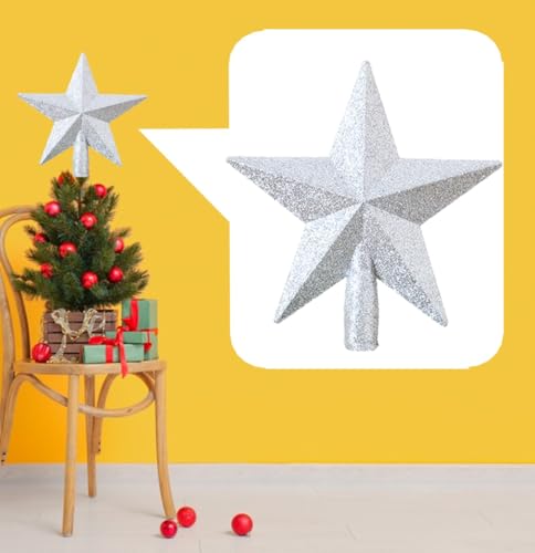 BUKCYUE Weihnachtsbaumspitze, Christbaumspitze in Stern-Form, Christbaum-Schmuck aus Kunststoff, Glitter Baum Stern, Baumspitze für Urlaub Ornament oder Home Decor, 20cm (Silber)