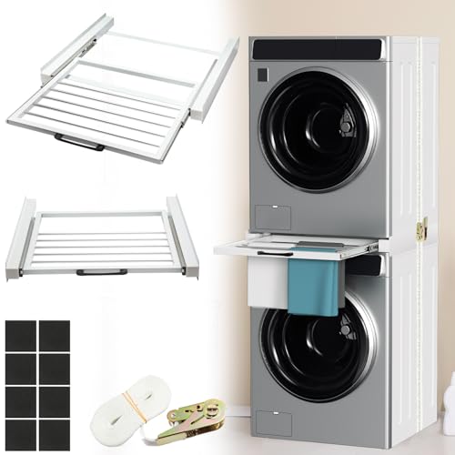 Ollewiellan Telaio intermedio per lavatrici, telaio di collegamento per lavatrice e asciugatrice con corda a cricchetto,Estensibile lavatrice asciugatrice collegamento con piastra in acciaio,bianco