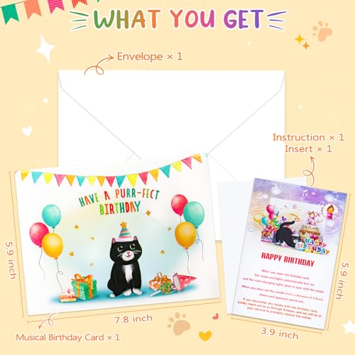 Birthday Cards, Cute Cat MUSIC & LIGHTS & BLOWABLE CANDLE Funny Pop up Happy Birthday Card, Birthday Gifts for Women Men Cat Lover Mom or Dad