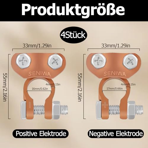 2 Paar Batterie Polklemmen, Batterieklemmen Massiv, Autobatterie + Plus - Minus Batterie Pole Klemme, Kupfer Steckverbinder Positiv & Negativ für Auto Boot Wohnmobil Caravan und Batterien