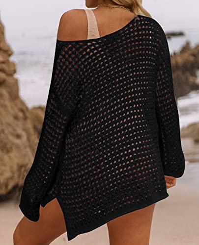 Zesica Women's 2023 Summer Crochet Hollow Out Long Sleeve Beach Bikini Swimsuit Mesh Cover Up Tunic Top,Black,Large #TOP3