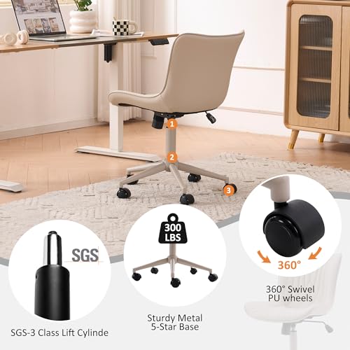 Image of YOUTASTE All Cream Office Chair, Modern Armless Desk Chair with Back, Adjustable Swivel Rolling Faux Leather Task Chair with Wheels Metal Base for Home Office, Study, or Vanity