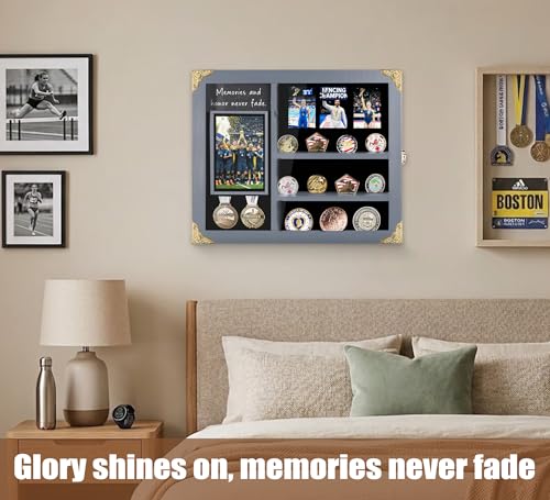 Image of Challenge Coin Display Case, Lighted Modern Coin Holder with Photo Frame, Wall Mount Shadow Box with Removable Shelves, Minimalist Home Office Decor, Memorial Gift for Men, Collectors, Gray