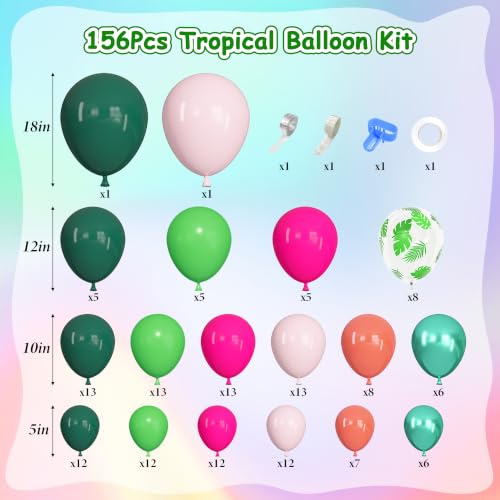 Image of Ouddy Life 157pcs Tropical Balloons Arch Garland Kit, Hawaiian Summer Luau Party Decorations, Hot Pink Dark Green Orange Palm Leaves Balloons for Aloha Flamingo Beach Pool Baby Shower Birthday Decor