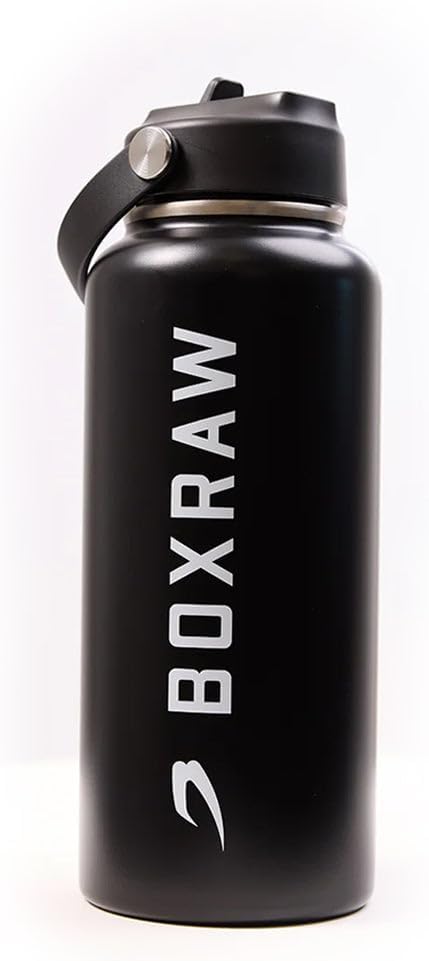 BOXRAW 32 oz Insulated Stainless Steel Water Bottle - Black - Straw & Ergonomic Handle - Leak-Proof Metal Water Bottle 32 oz Flask for Gym, Boxing & Travel - Keeps Drinks Hot or Cold - BPA-Free