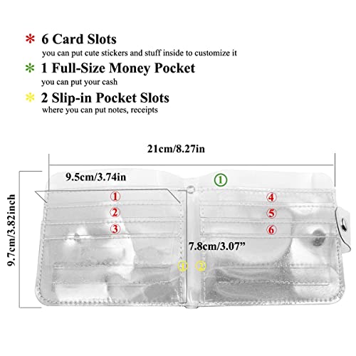 Pack of 2 Clear Bifold Wallet Small Purse, Cute PVC Jelly Wallet ID Card Case Holder with Neck Lanyard for Women Girls, Silver3