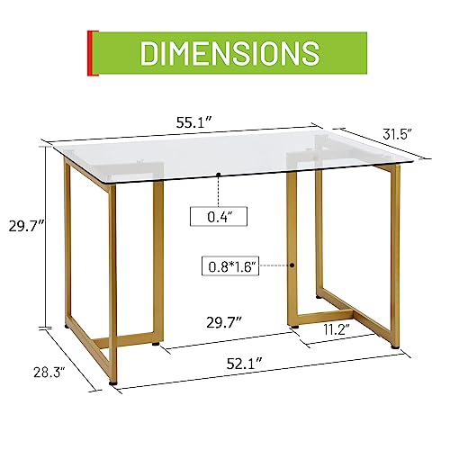 Furniturer 55" Modern Rectangular Dining Table With Spacious Tempered Glass Tabletop & Gold Base Elegant For Home Kitchen Restaurant, Gold #TOP2