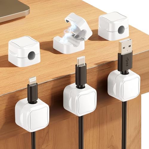 Ketilrub 6 organizadores de cabos magnéticos, clipe de cabo autocolante para secretária, parede, quarto, carro, suporte para cabo de alimentação, cabo de carregamento USB C, branco