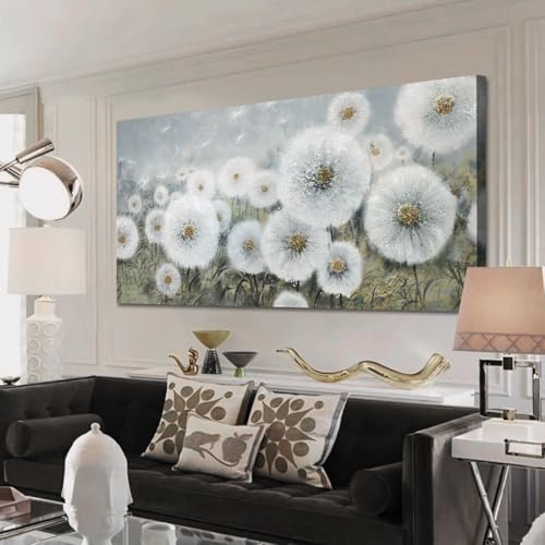 Ardemy Flowers Wall Art Canvas Dandelions Painting White Bloosom Artwork Modern Landscape, Floral Picture Hand Painted Textured Framed for Living Room Bedroom Home Office Decor, Extra Large